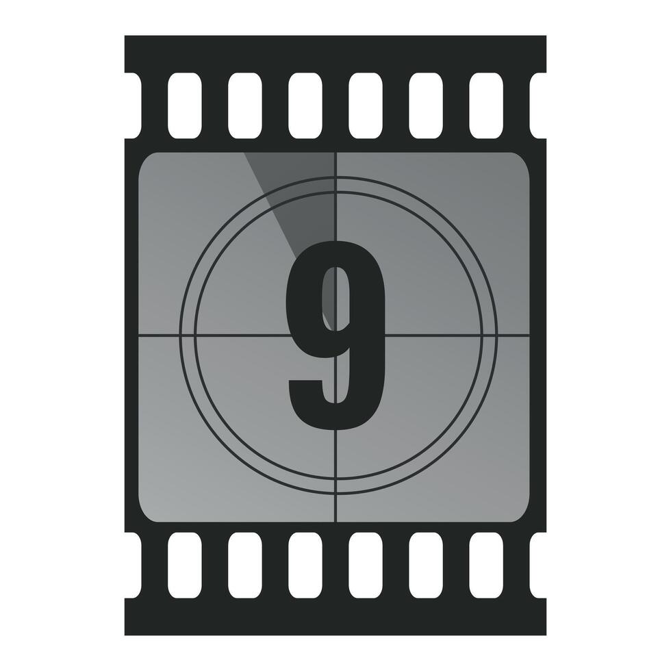 Countdown filmstrip frame piece with number nine. Retro cinema movie timer counter vector
