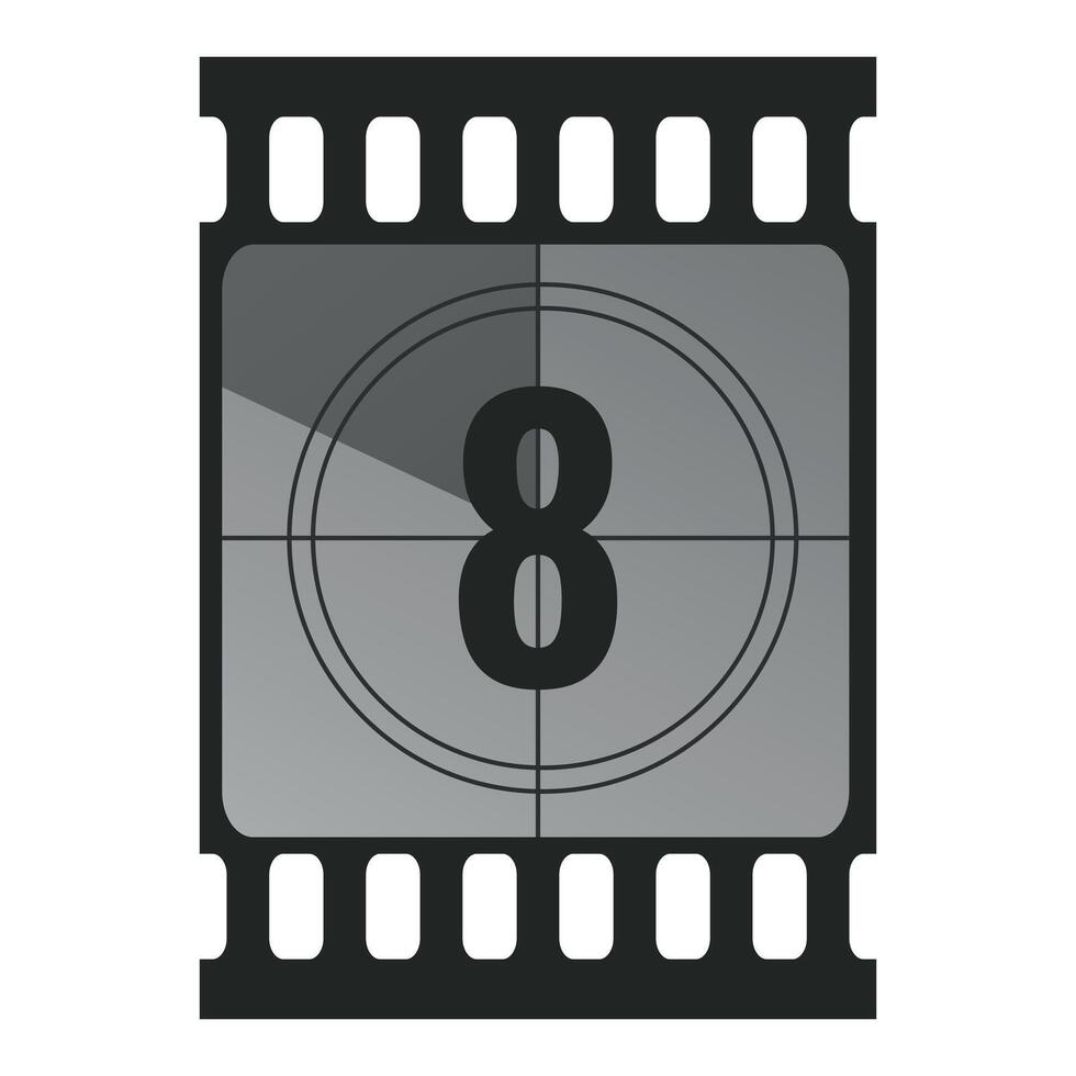 Countdown filmstrip frame piece with number eight. Retro cinema movie timer counter vector