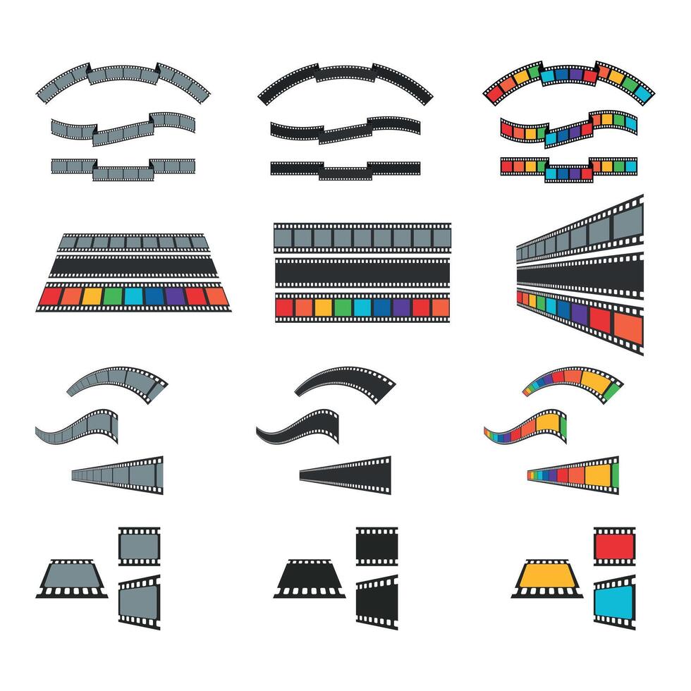 Set of different shaped and colored film strips. Curved and wavy, black and colorful film tapes isolated on white background vector