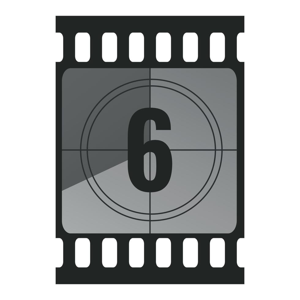 Countdown filmstrip frame piece with number six. Retro cinema movie timer counter vector