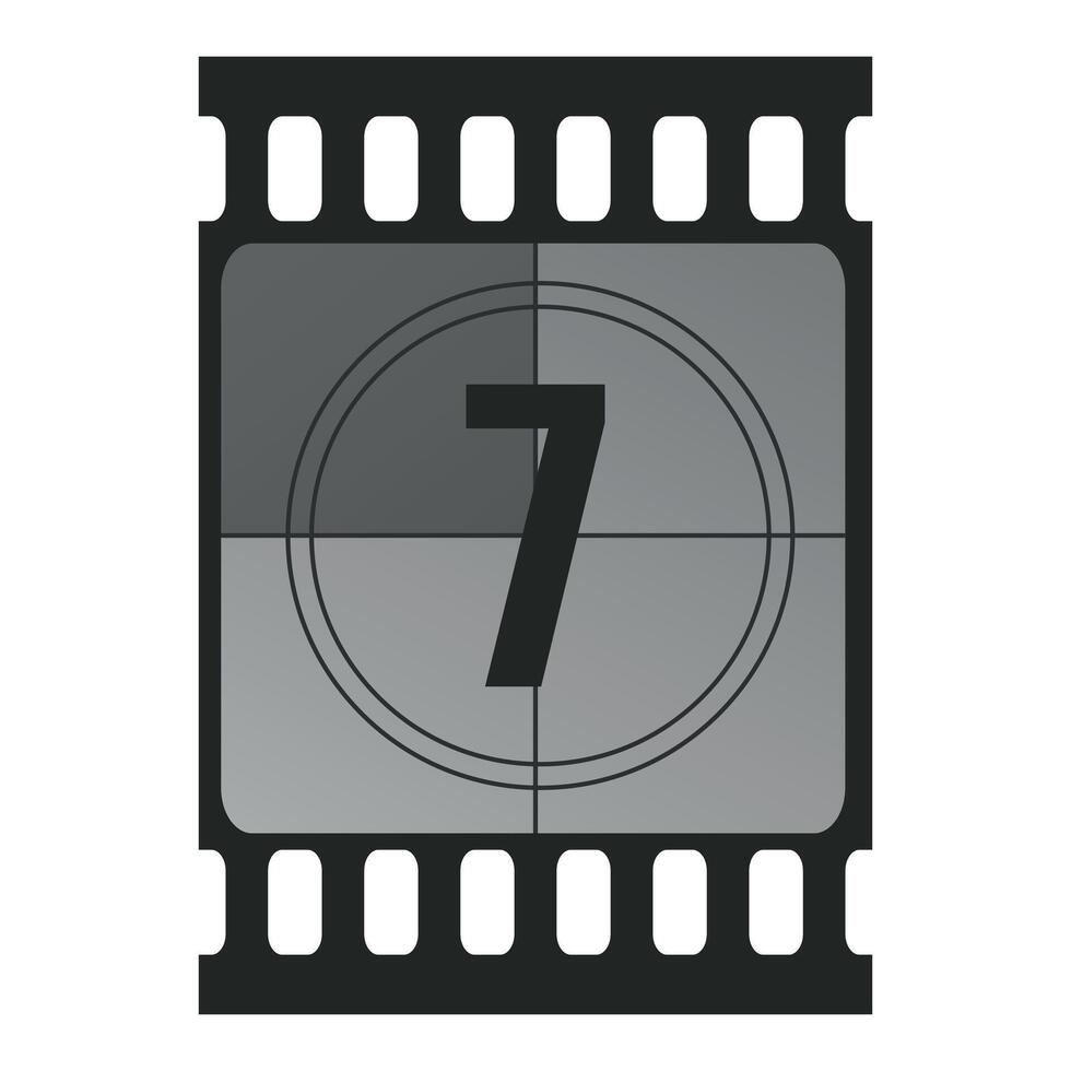 Countdown filmstrip frame piece with number seven. Retro cinema movie timer counter vector
