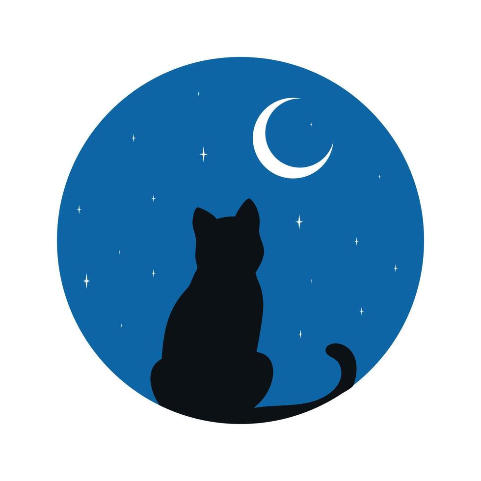Black cat watching on a crescent. Round emblem with cat silhouette and on night sky background with crescent vector