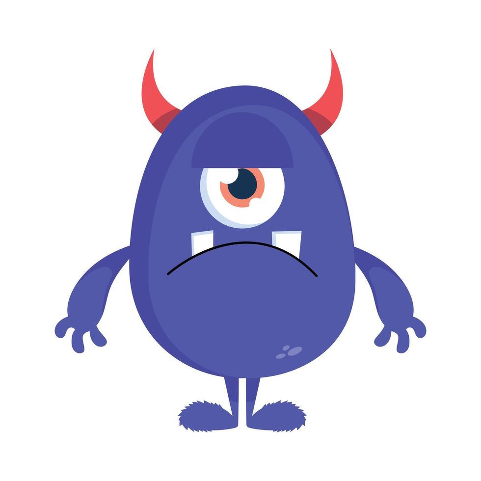 Cute cartoon monster with one eye and horns. Funny grumpy cyclops creature in childish style vector