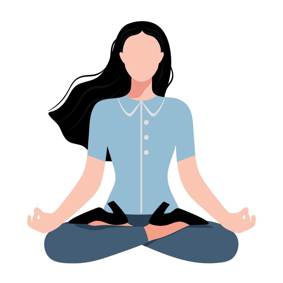 Abstract faceless woman in office clothes sitting in lotus pose. Meditating office worker. Life work balance vector