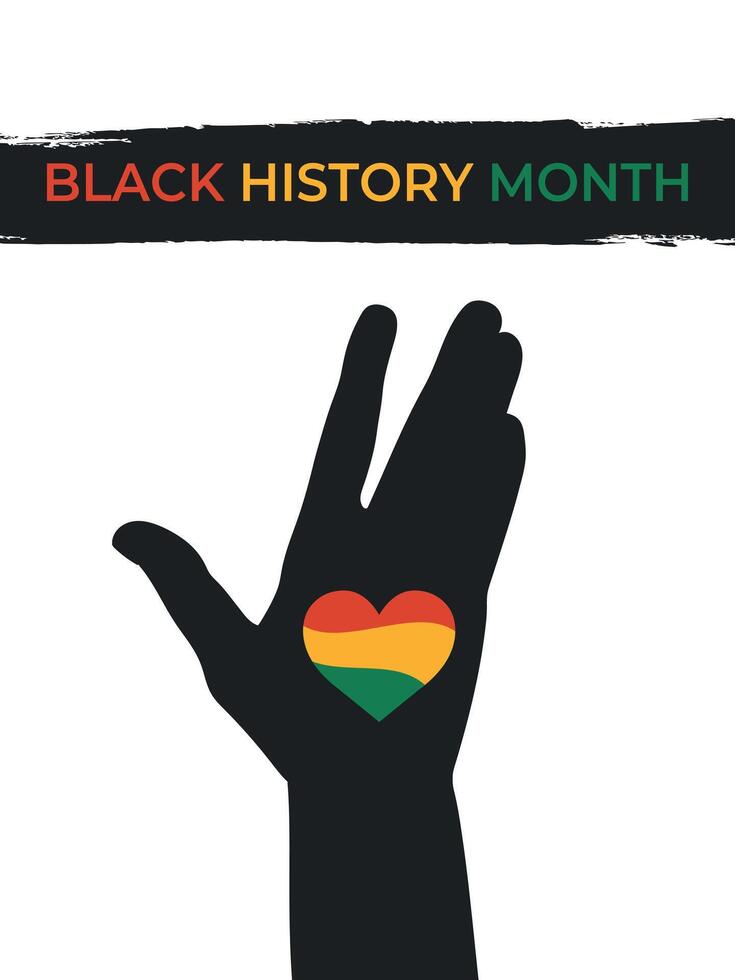Black history month celebrate poster with red, yellow, green colored heart on open palm of raised hand vector