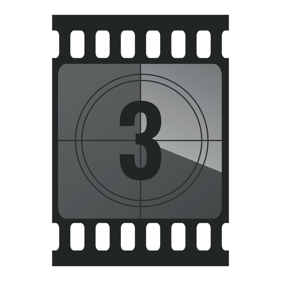 Countdown filmstrip frame piece with number three. Retro cinema movie timer counter vector