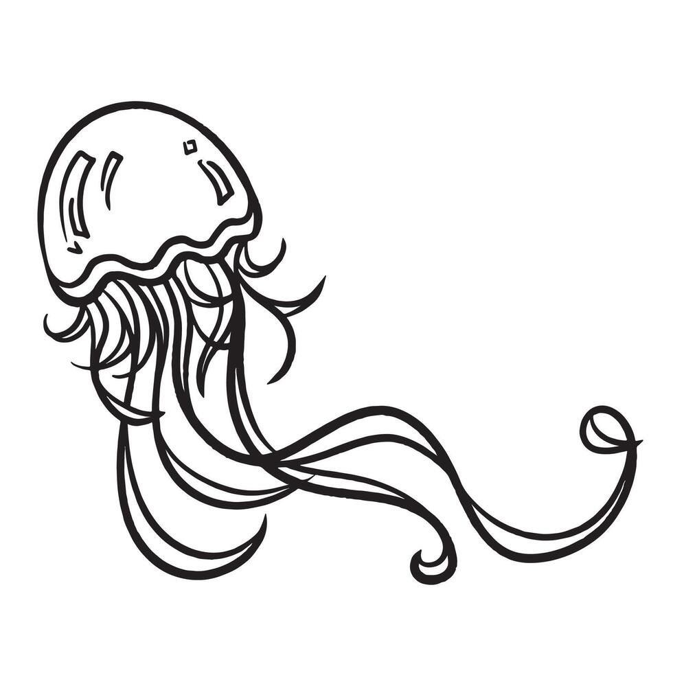 Jellyfish illustration drawing isolated on square white background. Simple flat outlined black and white cartoon art styled drawing. vector