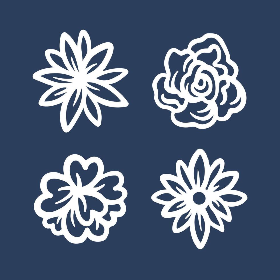 Flower icon illustration drawing set isolated on square blue background. Simple flat outlined cartoon art styled drawing. vector