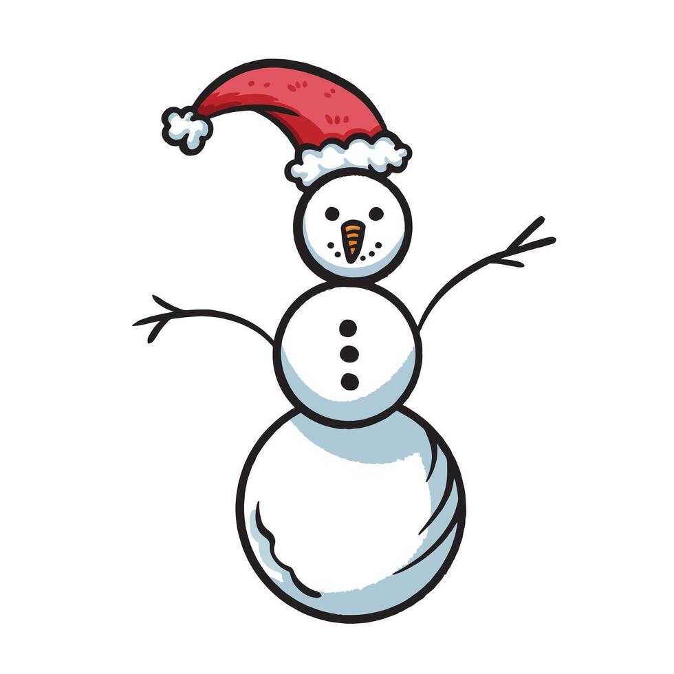 Snowman with santa hat colorful illustration drawing isolated on square white background. Simple flat outlined cartoon art styled drawing. vector