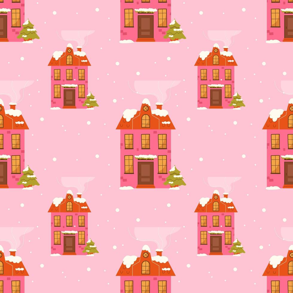 Winter New Year seamless pattern with city houses vector
