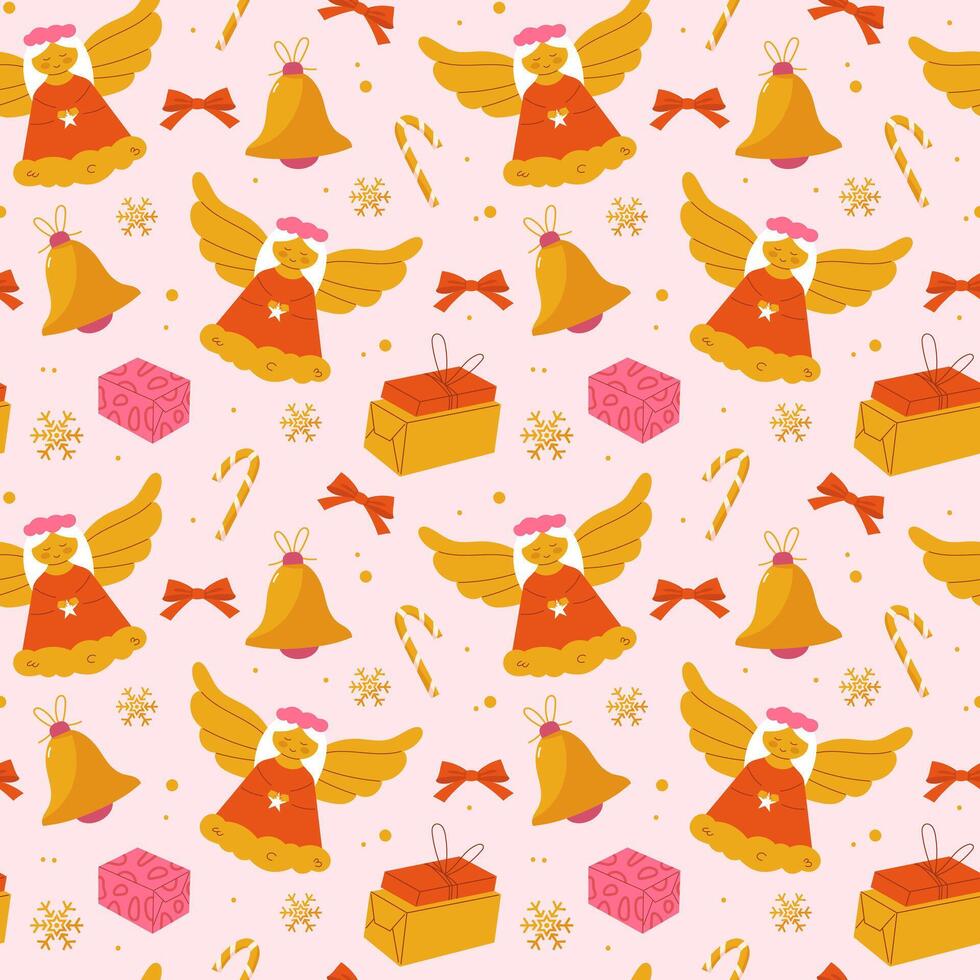 Christmas background with angels and presents vector