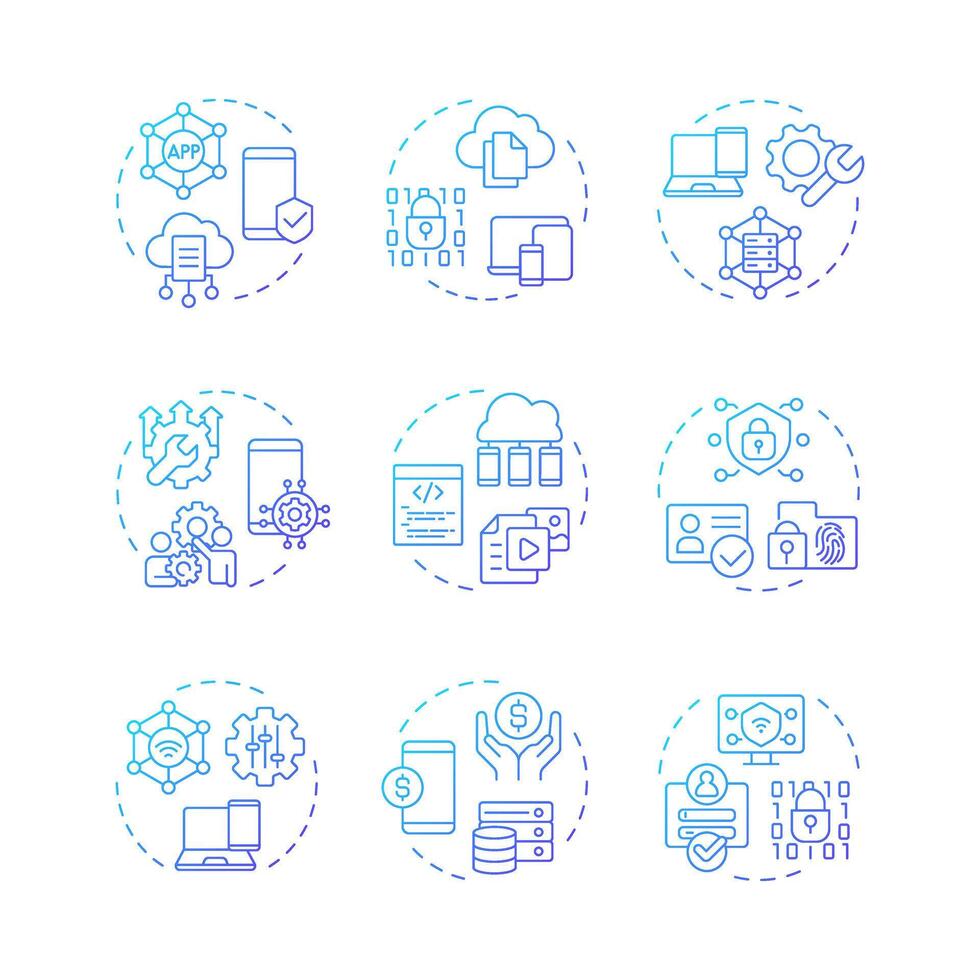 Mobile device management blue gradient concept icons. Data control, security. Privacy protection, corporate. Icon pack. Round shape illustrations for infographic. Abstract idea vector