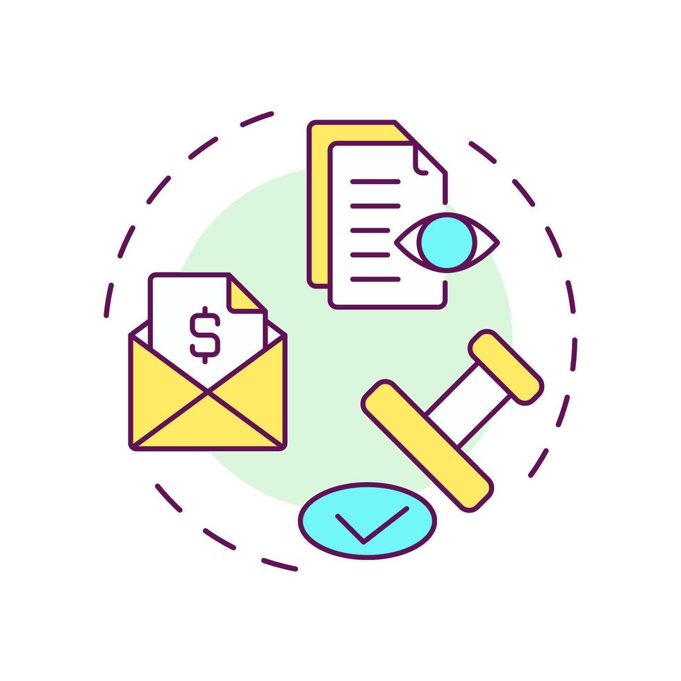 enviar factura a factor multi color concepto icono. factorización proceso. representando envío, revisión y aprobación. redondo forma línea ilustración. resumen idea. gráfico diseño. fácil a utilizar en artículo vector