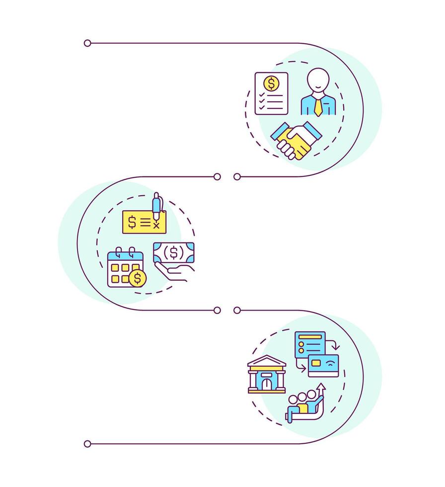 Parties in factoring process infographic vertical sequence. Seller, debtor and factor. Visualization infochart with 3 steps.Circles workflow vector