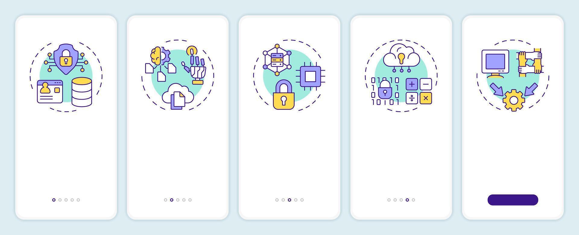 Privacy-enhancing technologies onboarding mobile app screen. Walkthrough 5 steps editable graphic instructions with linear concepts. UI, UX, GUI template vector