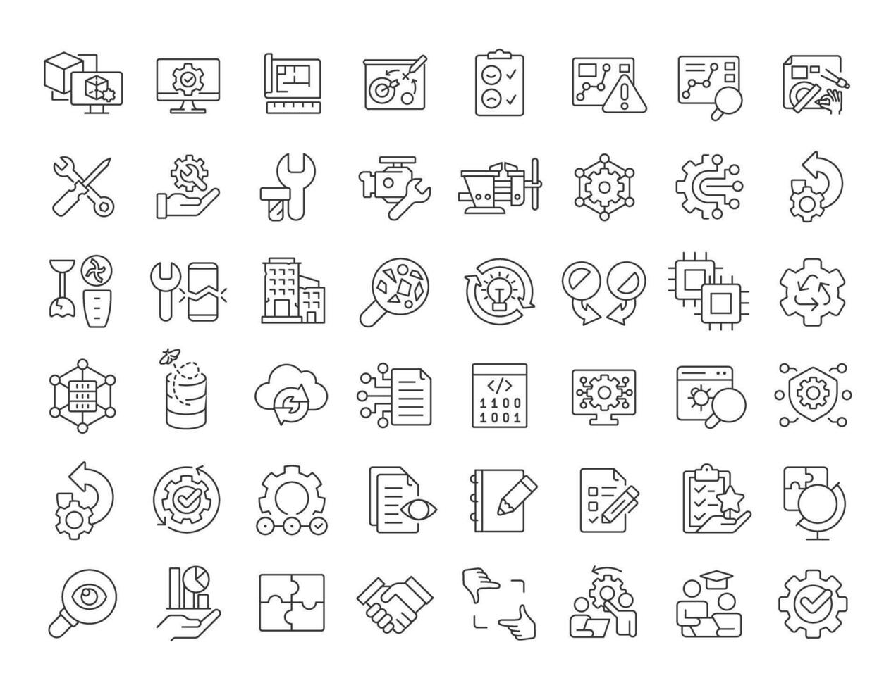 Reverse engineering linear icons set. Various tools, processes associated with reengineering and analysis. Customizable thin line symbols. Isolated outline illustrations. Editable stroke vector