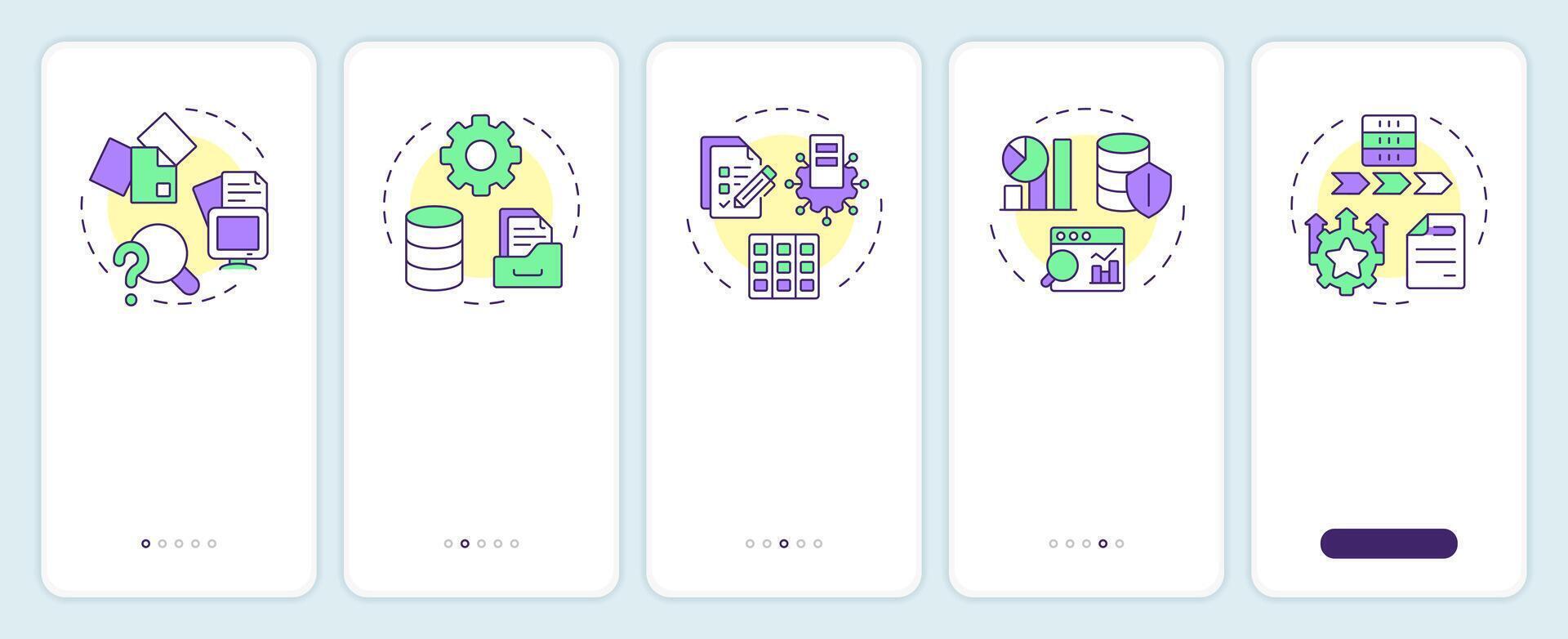 Data governance maturity model onboarding mobile app screen. Walkthrough 5 steps editable graphic instructions with linear concepts. UI, UX, GUI template vector