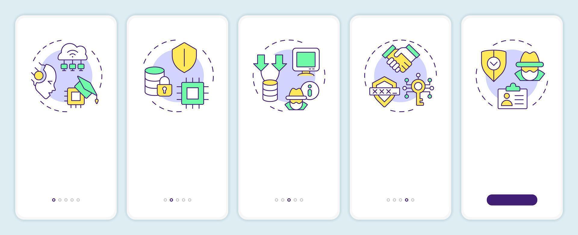 Privacy-enhancing technologies types onboarding mobile app screen. Walkthrough 5 steps editable graphic instructions with linear concepts. UI, UX, GUI template vector