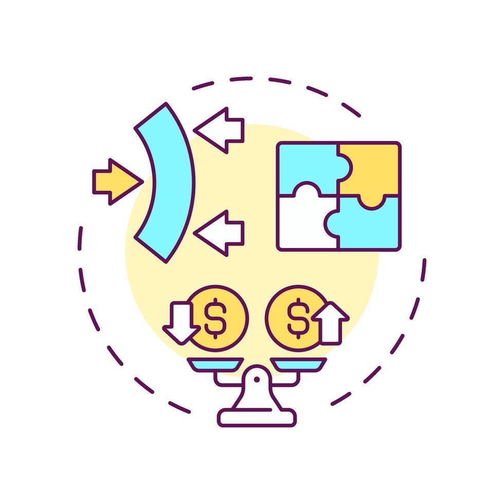 Flexible financing multi color concept icon. Benefits of factoring. Adaptable solutions. Scales with dollar signs. Round shape line illustration. Abstract idea. Graphic design. Easy to use in article vector