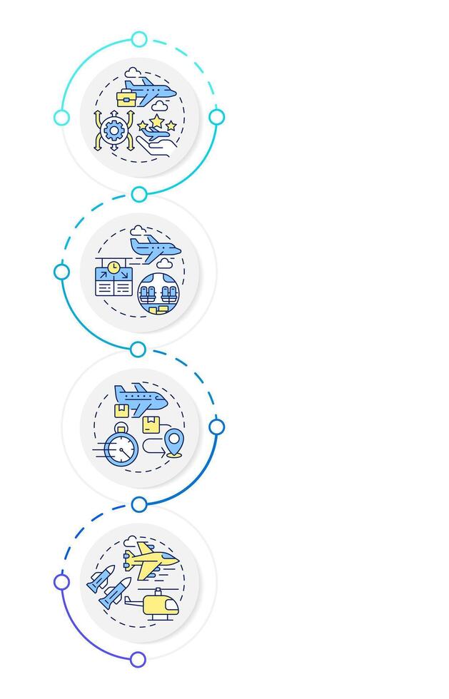 Aircraft categories infographic design template. Business jet, commercial travelling. Data visualization 4 options. Process vertical flow chart vector