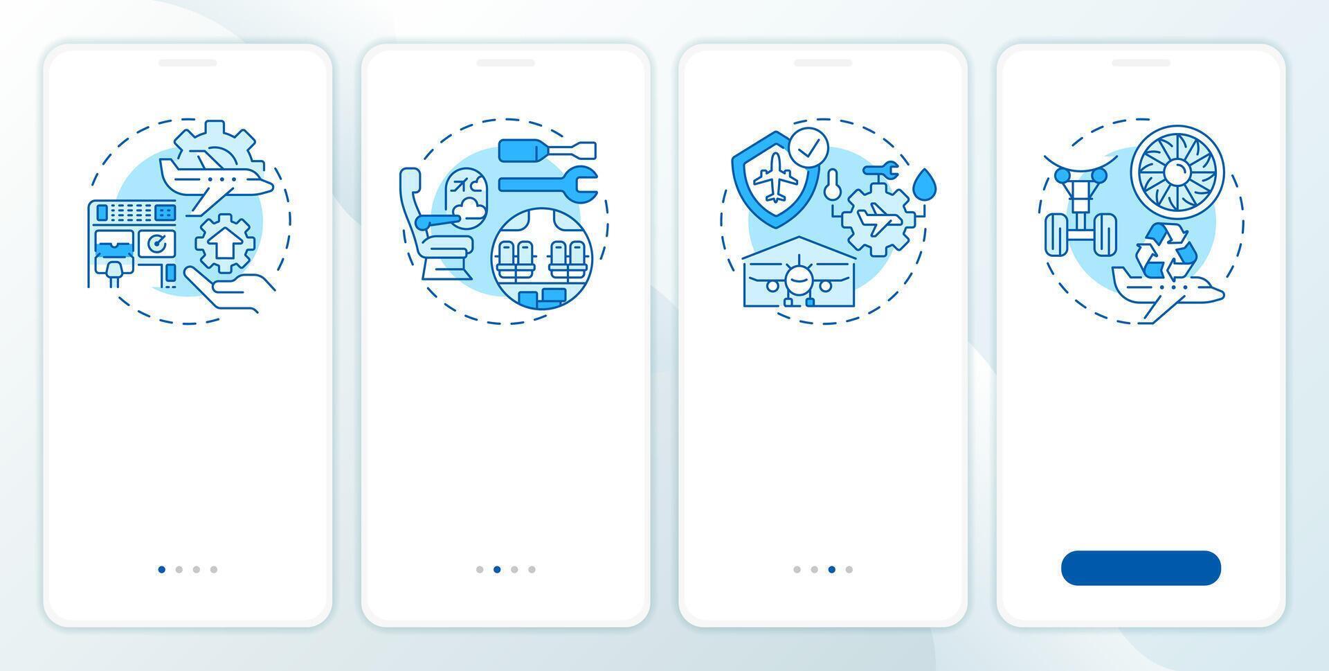 Aircraft maintenance service blue onboarding mobile app screen. Walkthrough 4 steps editable graphic instructions with linear concepts. UI, UX, GUI template vector