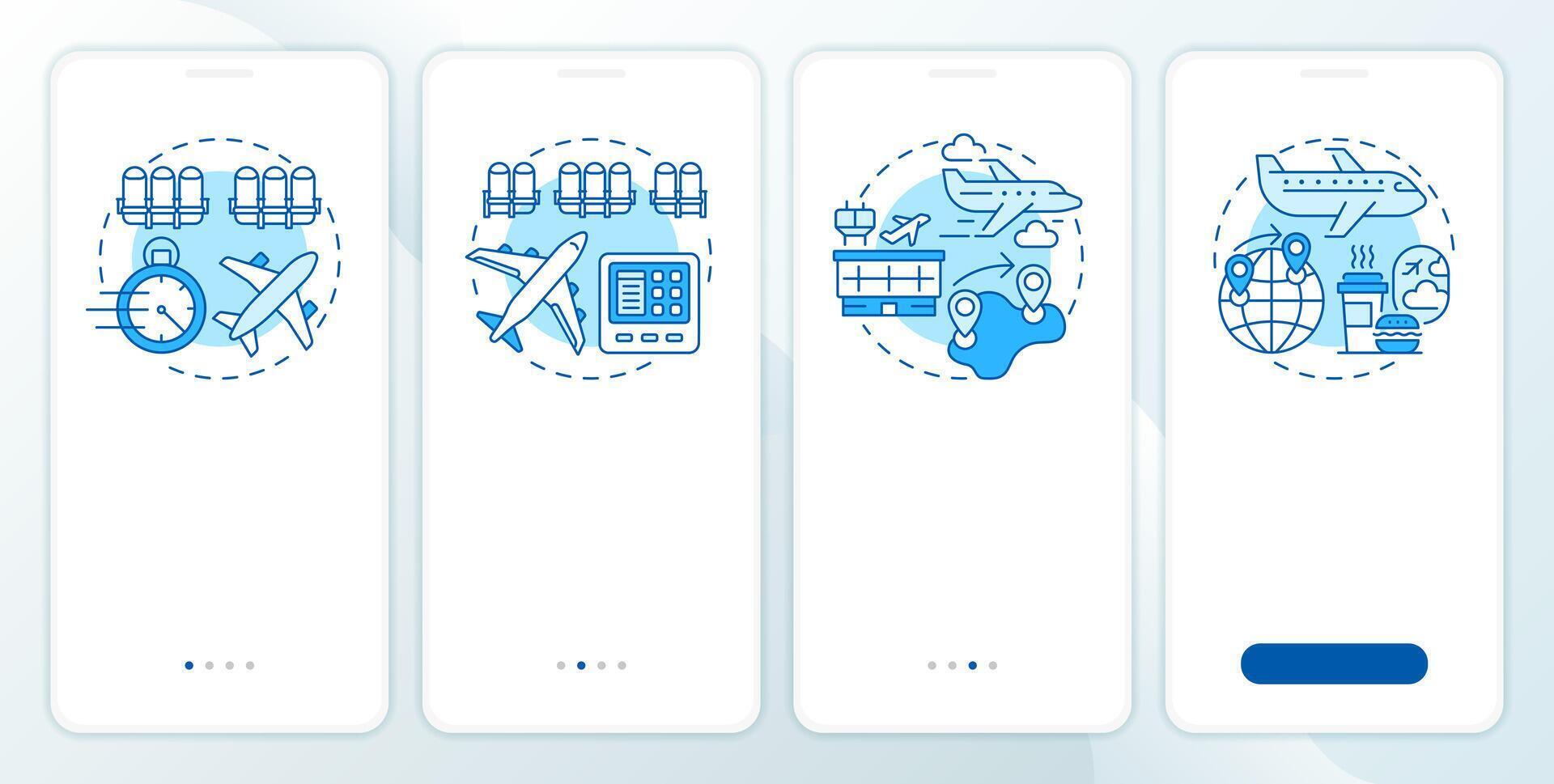 Aircraft types blue onboarding mobile app screen. Walkthrough 4 steps editable graphic instructions with linear concepts. UI, UX, GUI template vector