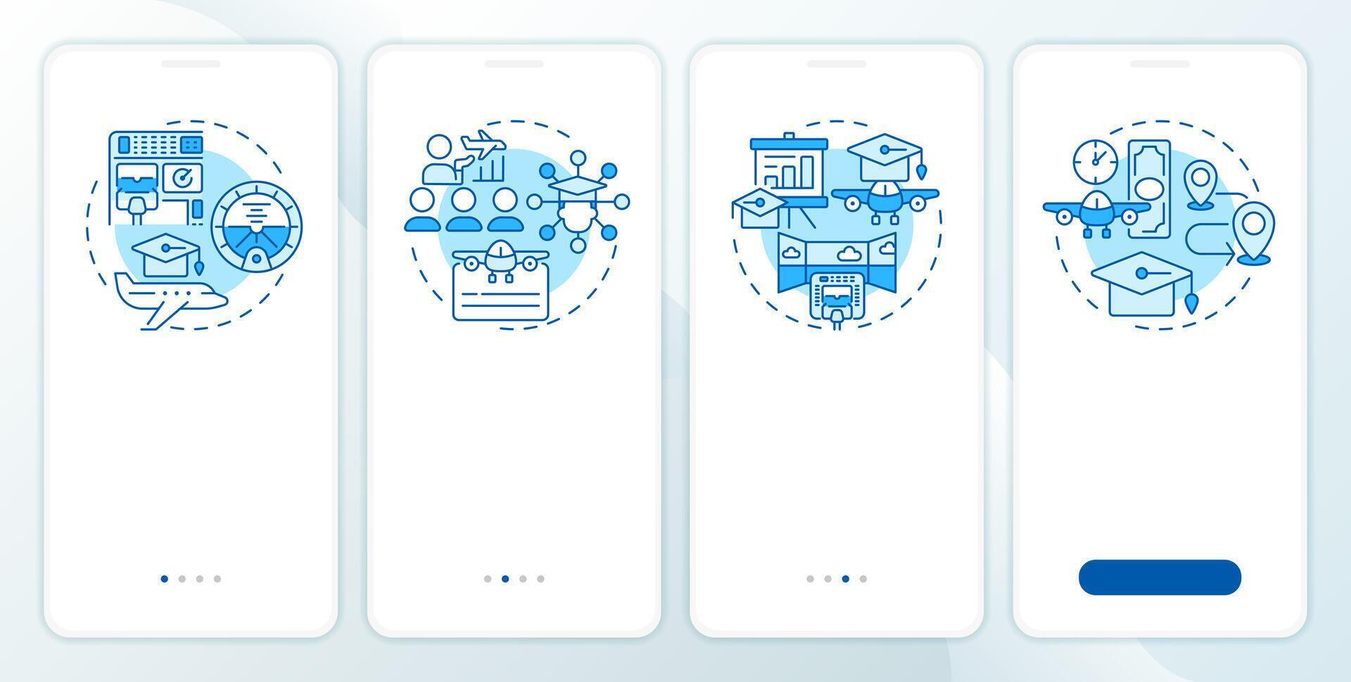 Flight training blue onboarding mobile app screen. Walkthrough 4 steps editable graphic instructions with linear concepts. UI, UX, GUI template vector