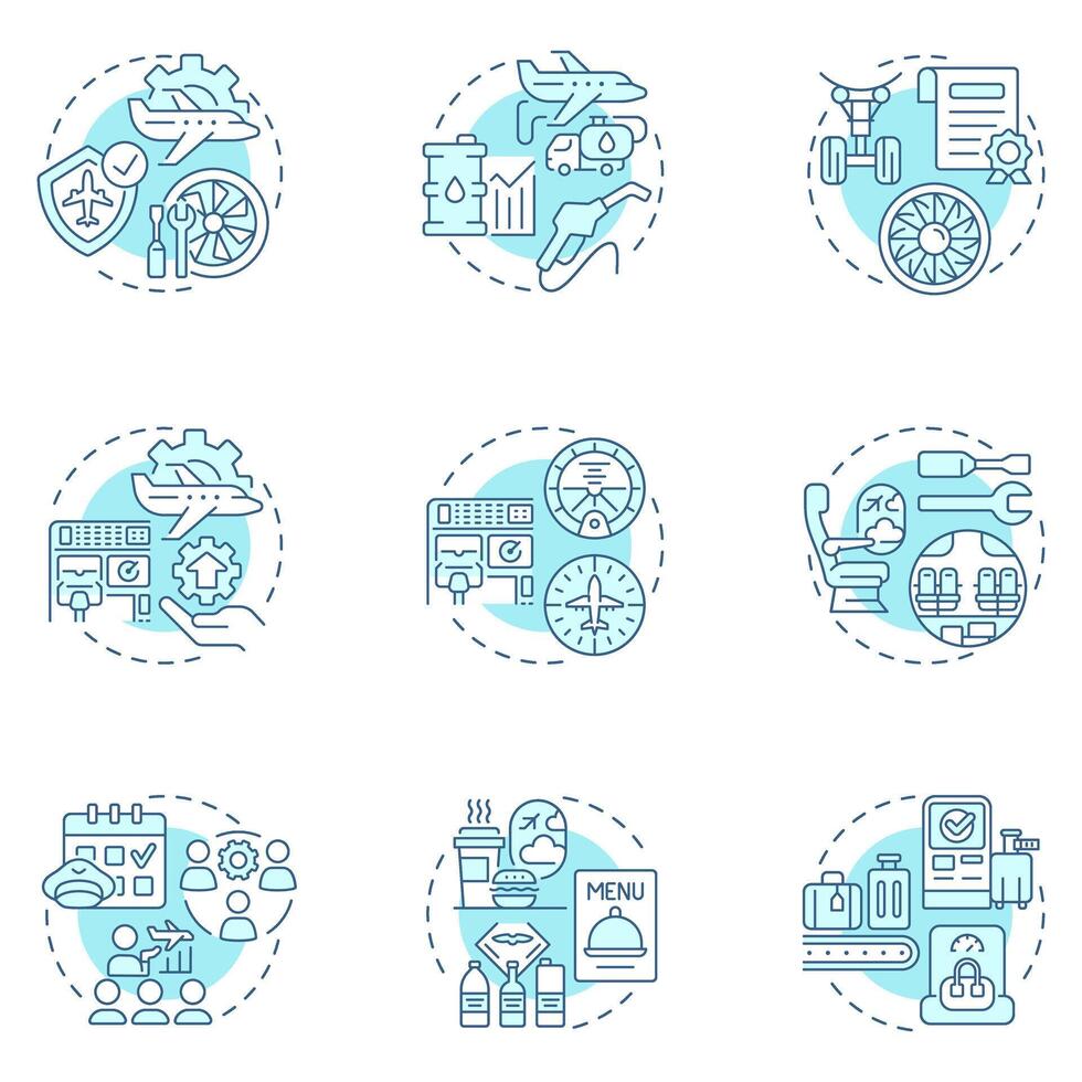 Aviation services soft blue concept icons. Airline management, avionics. Crew training, certification. Icon pack. Round shape illustrations for infographic. Abstract idea vector