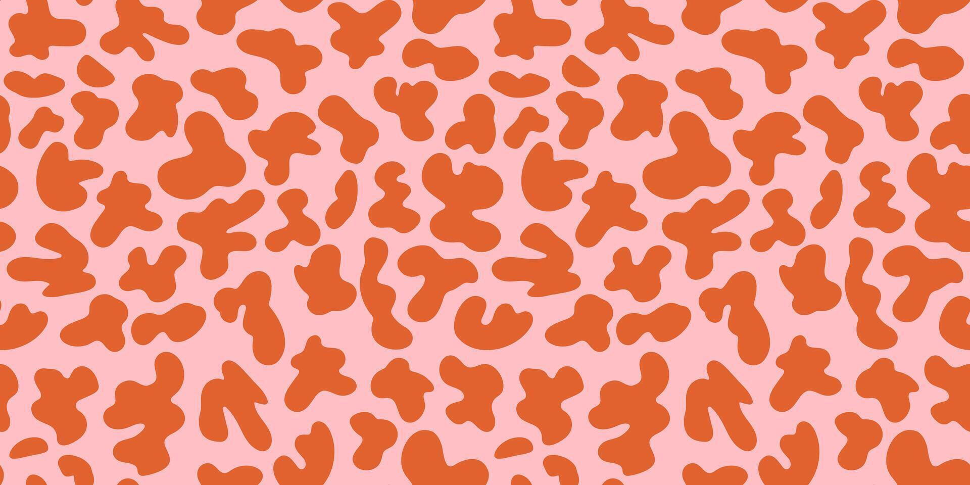 Groovy seamless pink pattern in retro trippy style. Repeat bright backdrop with abstract liquid color irregular shapes on red background vector