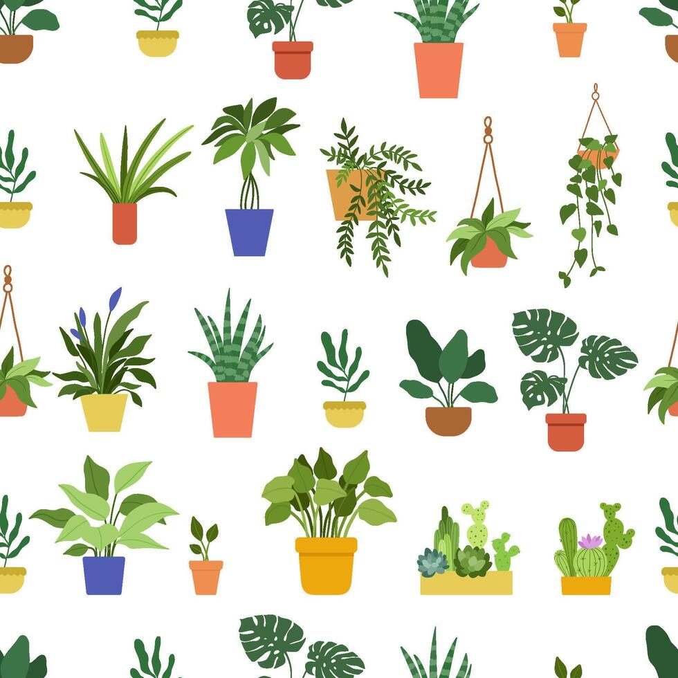 seamless pattern with hand drawn house plants in pots on white background vector