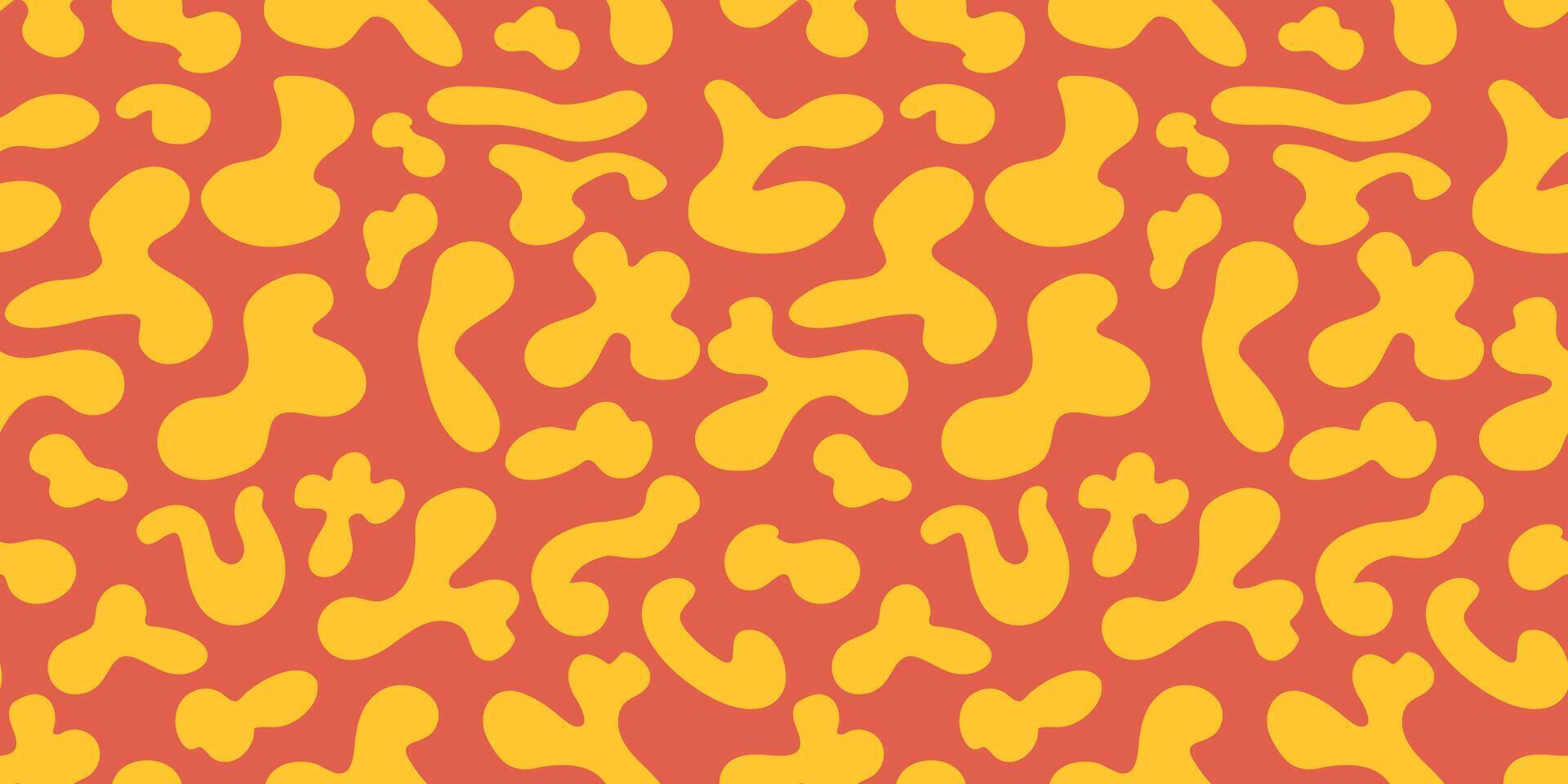 Groovy seamless pattern in retro trippy style. Repeat bright backdrop with abstract liquid color irregular shapes on red background vector