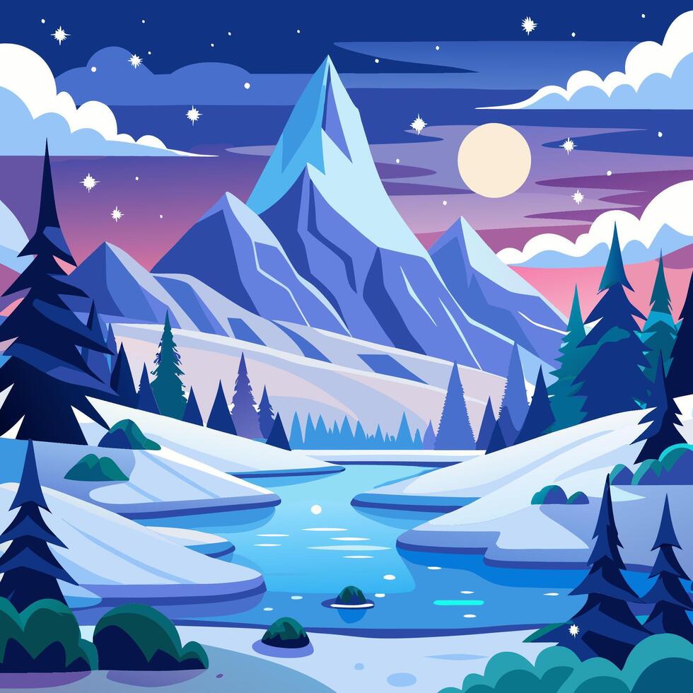 Winter landscape with mountain and river at night vector