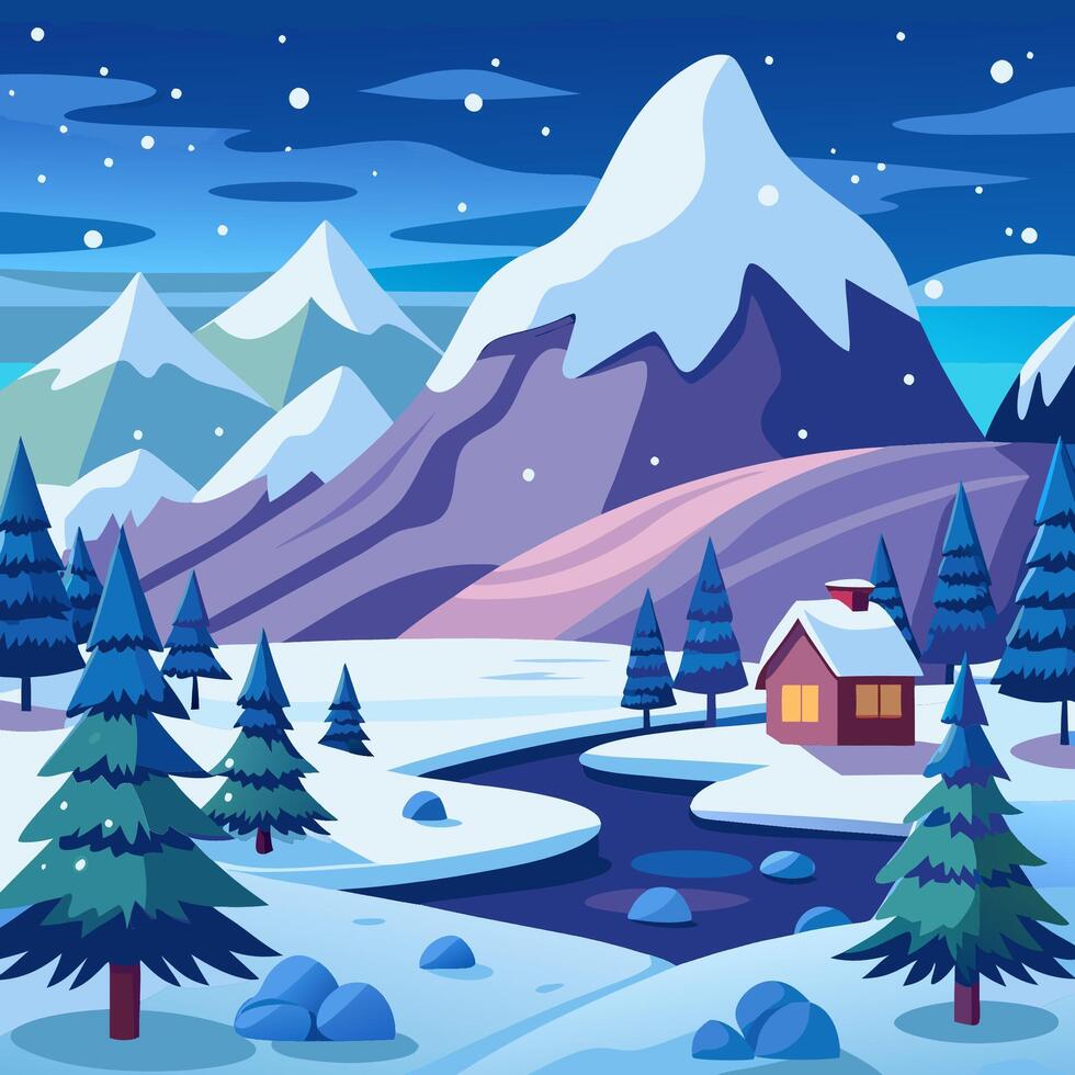 Winter landscape with a cabin and a river vector