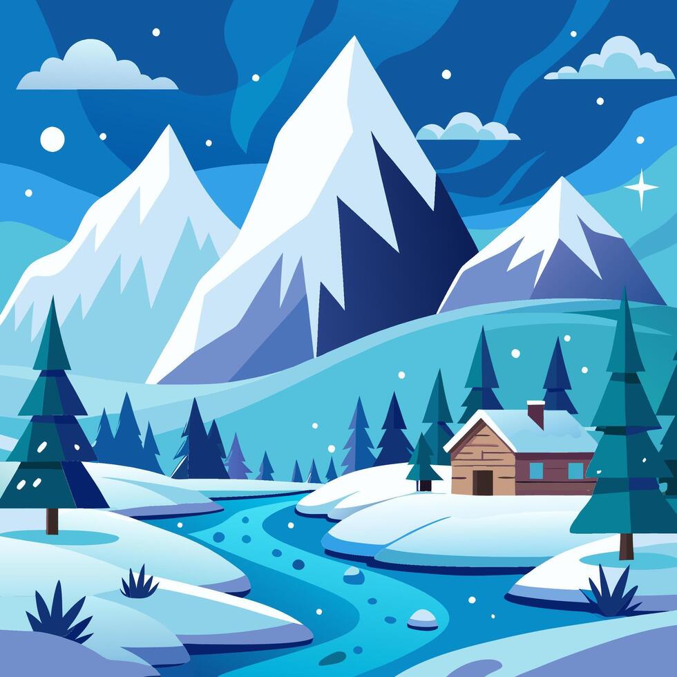 Winter landscape with a cabin and a river vector
