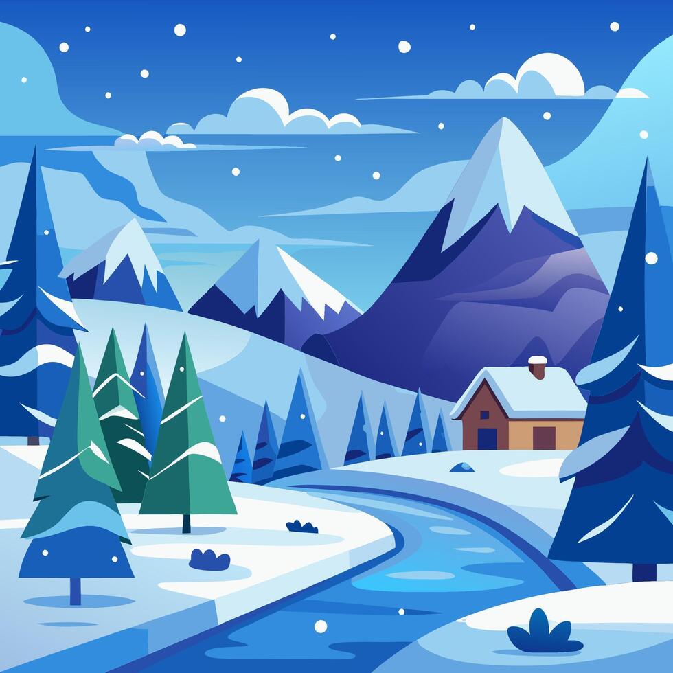 Winter landscape with house, river and trees vector