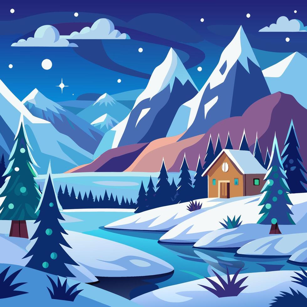 Winter landscape with mountain house and river illustration vector