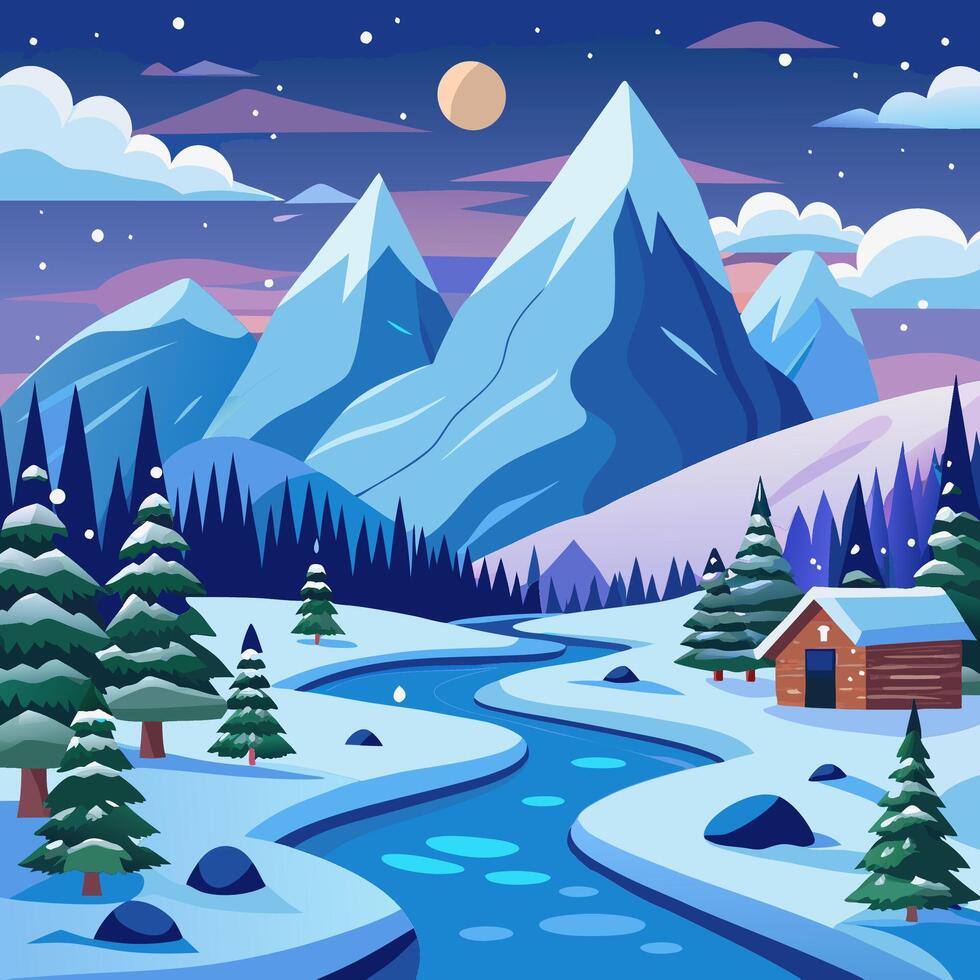 Winter landscape with mountain stream and cabin in the snow vector