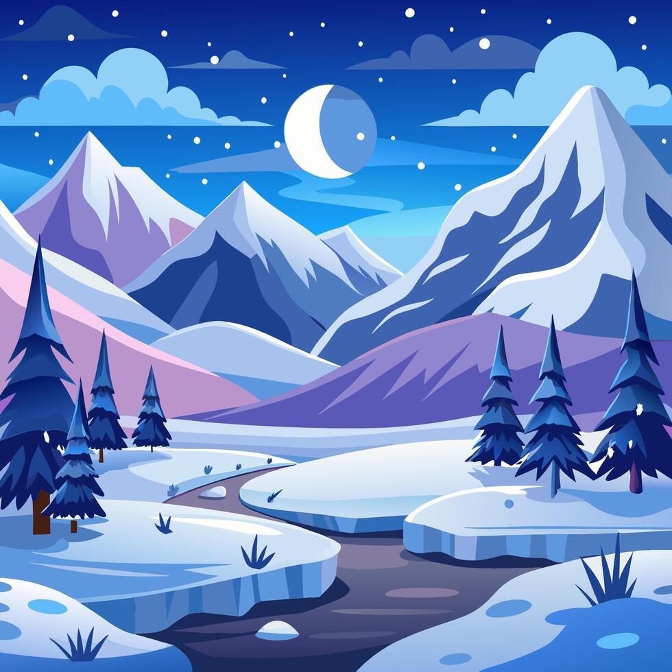 Winter landscape with mountains and river at night vector