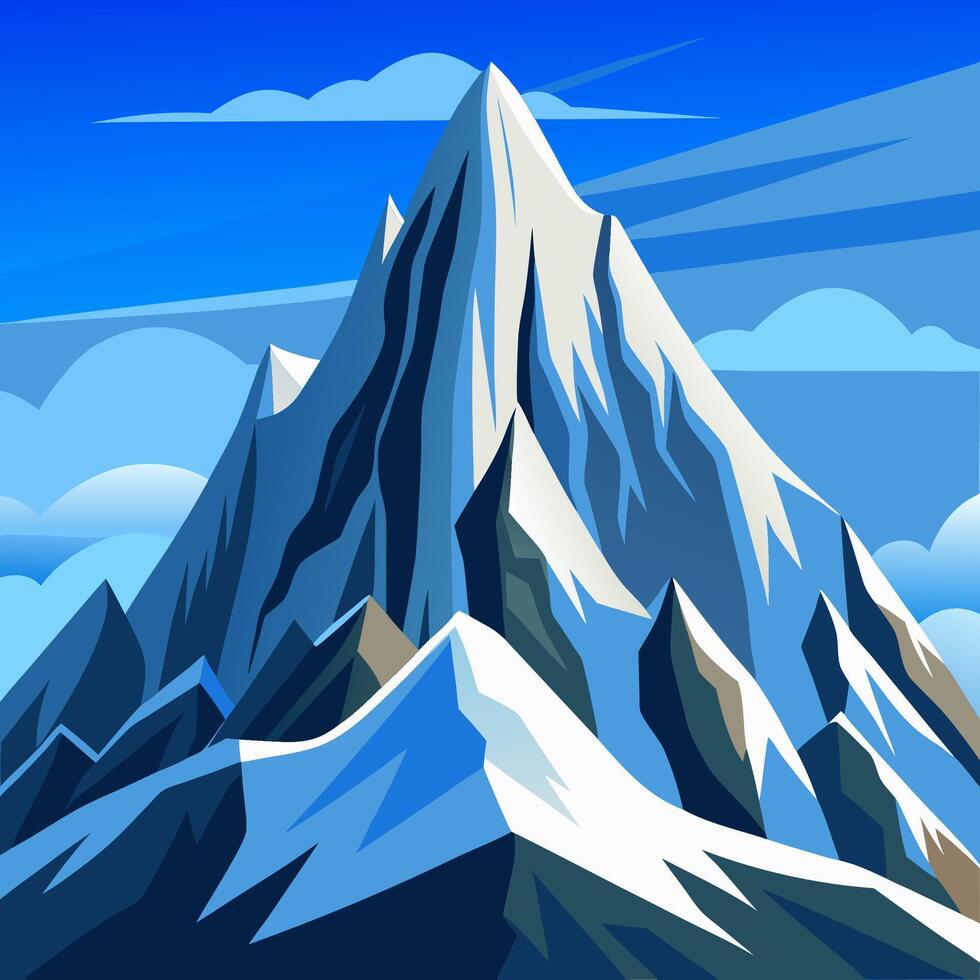 A cartoon mountain with snow and clouds vector