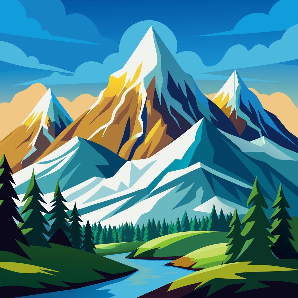 illustration of mountain landscape with river and trees vector