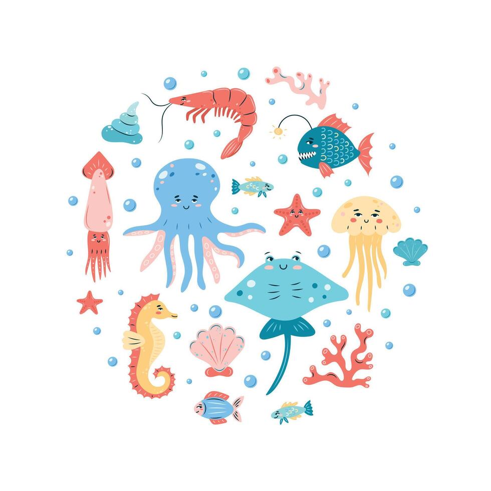 Sea Life round poster with octopus and stingray on white background. Set of sea animals. Characters in children's style. illustration. vector