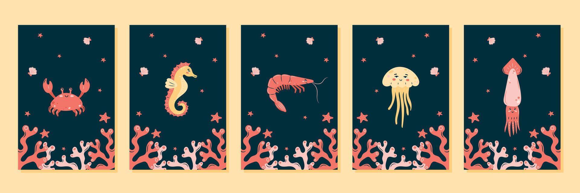 Collection of interior posters with marine animals on dark background. Character in children's style. illustration. vector