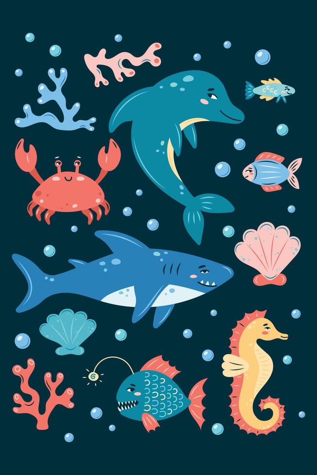 Sea Life Vertical poster with a shark and a dolphin on dark background. Set of sea animals. Characters in children's style. illustration. vector
