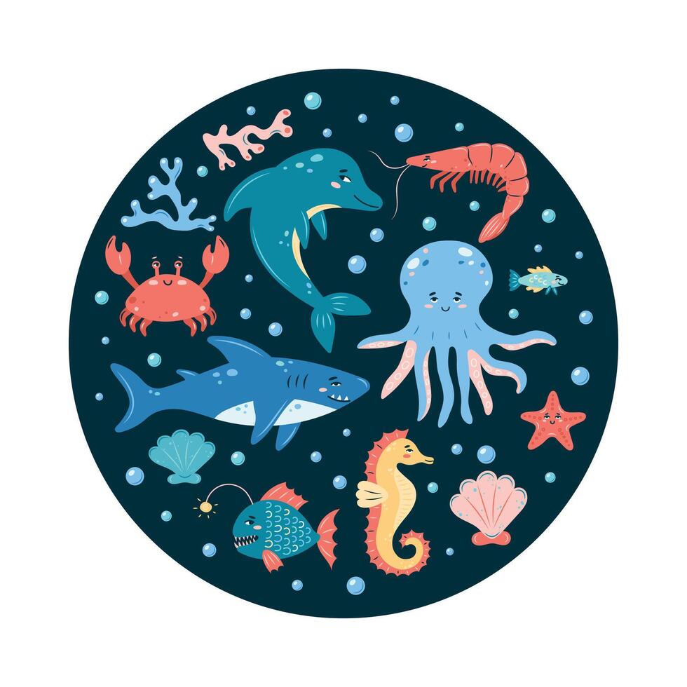 Sea Life round poster with octopus, shark and dolphin on dark background. Set of sea animals. Characters in children's style. illustration. vector