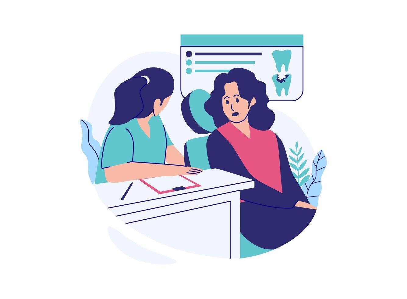 A patient consults with a dentist about their oral health concerns. vector