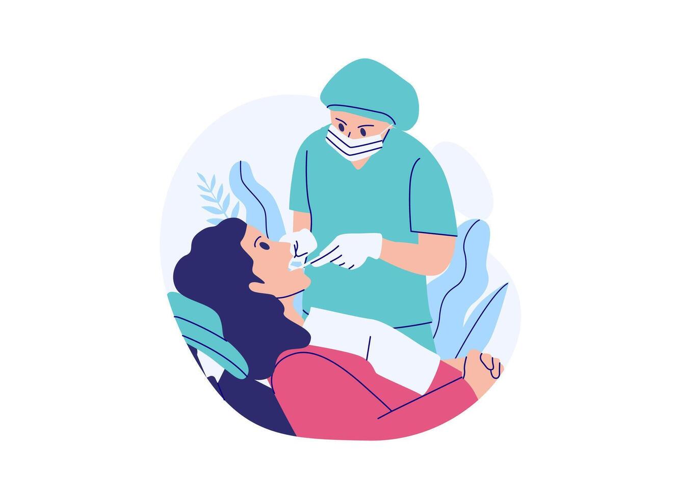 A dentist performs a surgical procedure on a patient's teeth. vector