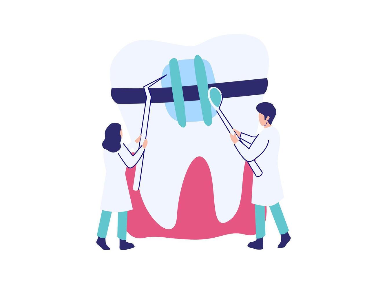 A dentist carefully adjusts braces on a patient's teeth. vector