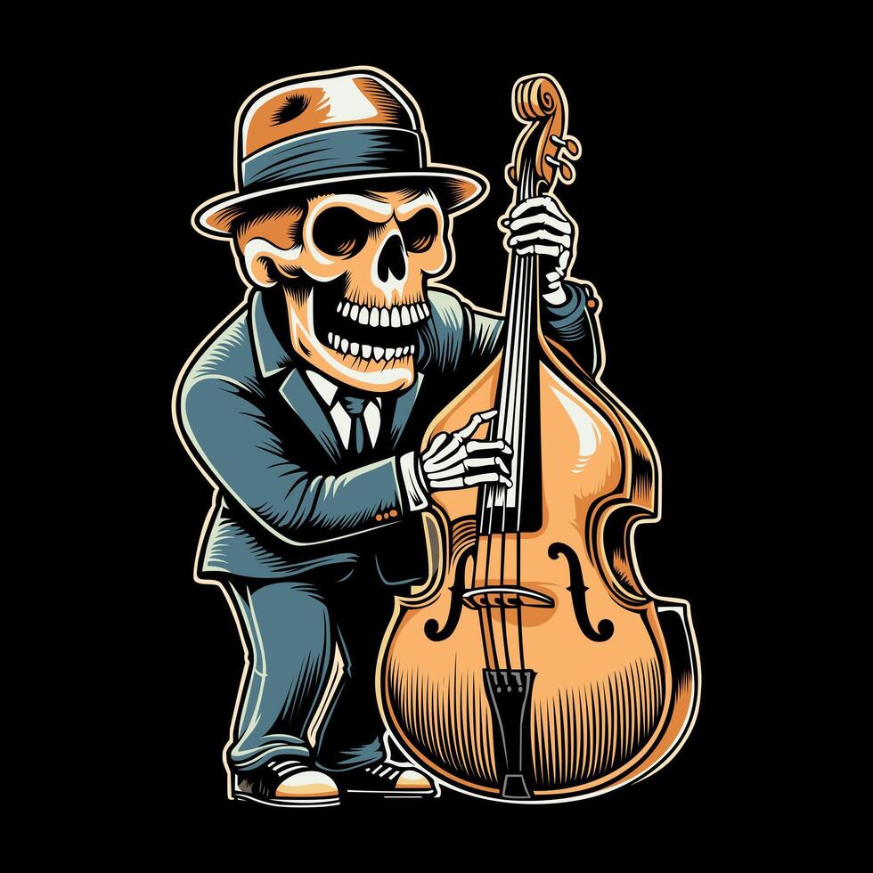a skeleton in a suit and hat playing a double bass vector
