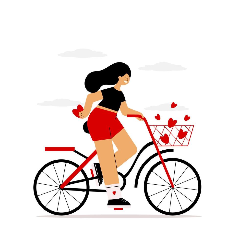 Romantic journey on a bicycle. Girl with a heart-filled basket. Valentine's Day celebration. illustration vector