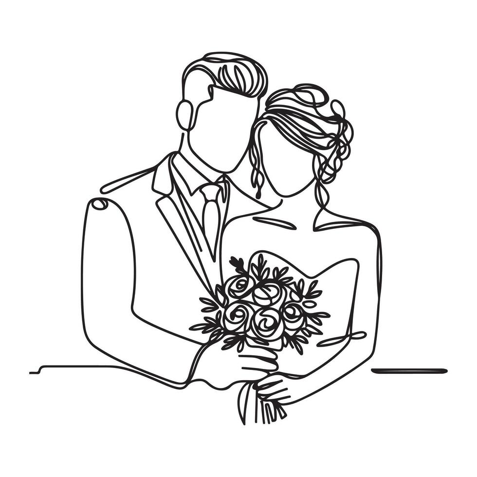 One continuous single drawing black line art doodle wedding couple bride and groom outline illustration on white background vector